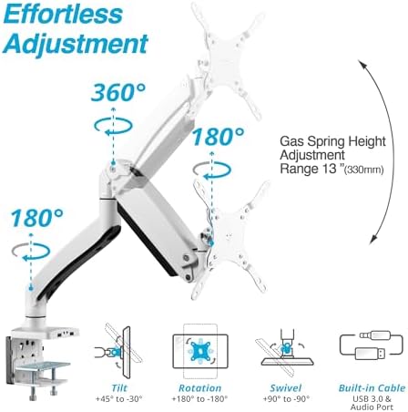 AVLT Single Monitor Arm Desk Mount for 17-49" Screens, Heavy Duty - White