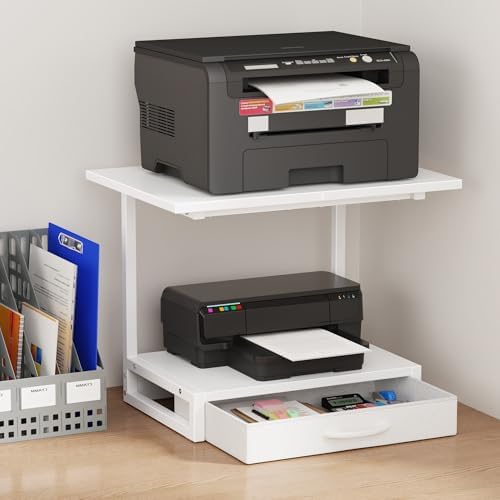 YAOHUOO 2-Tier Desktop Printer Stand with Fabric Drawer,19.6"x14.9" White