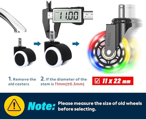 WEWILL RGB Chair Caster Wheels, Self-Lit No Batteries, 3" PU Rubber (5-Pack), Heavy Duty 325kg/715lb, Universal 11x22mm Stem, Quiet for Carpet/Hardwood (Not IKEA)