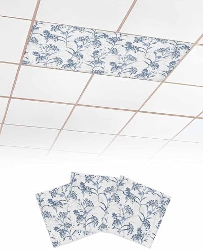 Blue Floral Plant Magnetic Fluorescent Light Covers for Ceiling Lights 2 x 4 Feet,Grey Modern Minimalist White Floral Spring Summer Office Classroom Kitchen Drop Ceiling Light Filter Covers 3 Packs