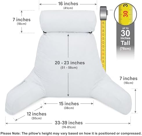 Husband Pillow XXL The Original for Adults - 30" Tall Backrest for Sitting Up in Bed - Firm Support Reading & Bed Rest Pillows for Adults, Neck Roll, Removable Cover - TV - White
