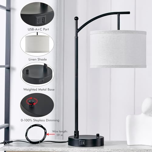 Table Lamp Set of 2, 23.5" Bedside Lamps with USB C+A Ports, Black