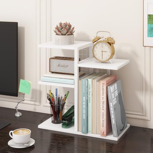 ELITEROO Desk Bookshelf, 4 Tier Wood Desktop Bookshelf, Adjustable Table Top Book Shelf and Storage Rack for Office Supplies, Dorm, Home Office, White