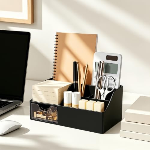 HBlife Acrylic Desk Organizer with Drawer, Pen & Pencil Holder, Multifunctional Desktop Caddy for Office Supply and Organization (Black)