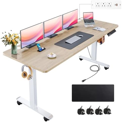 farexon Electric Standing Desk 63 x 24In with Power Outlets, Adjustable Height Stand up Desk with Large Mouse Pad, Double Hooks and 4 Wheels, 27''-46'' Lifting Range, Easy to Set for Home/Office(Oak)