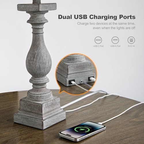 BOBOMOMO 27" Farmhouse Table Lamps with USB-A +C Ports, Vintage Rustic Lamps for Living Room, Linen Shade, Retro Side Table Lamps Set of 2 for Living Room,Bedroom,Night Stands (Blubs not Included)
