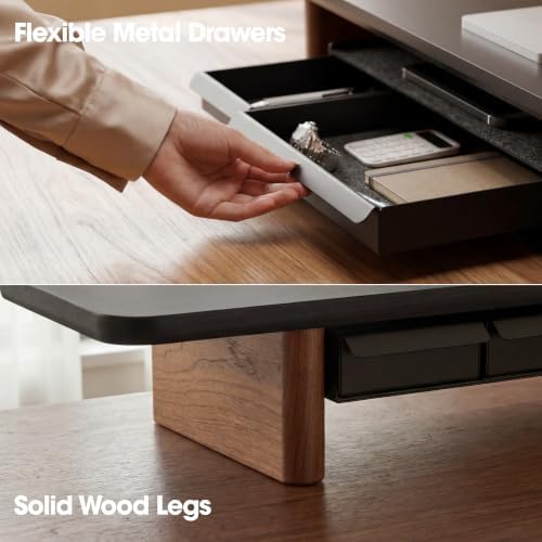 Fenge 42.5" Dual Monitor Stand with Storage Drawer & Solid Wood Legs, Black