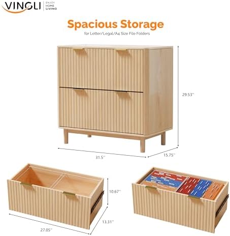 VINGLI Fluted 2 Drawer Lateral File Cabinet, Home Office Filing Cabinet for Letter Legal A4 Size File Folder Storage, Wood Lateral Filing Cabinet, Printer Stand, Archivador