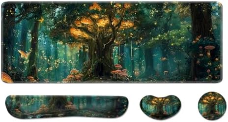 Desk Pad and Keyboard Wrist Rest, Large Mouse Pad + Keyboard Pad+Mouse Wrist Support, Non-Slip Desk Mat Protector for Office, Home 31.5×11.8 Inches Green Forest