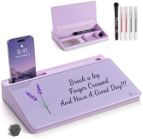 TOWON Compact Glass Desktop Whiteboard with Storage 12x7 in, Lavender