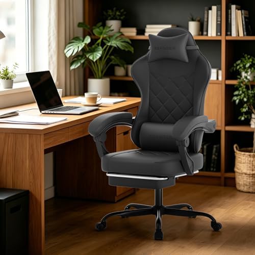 Gaming Chair with Footrest, Ergonomic Leather Computer Chair with Lumbar Support, Height Adjustable High Back Swivel Office Chair for Adults, Gamer Chair for Gaming, Working,Black