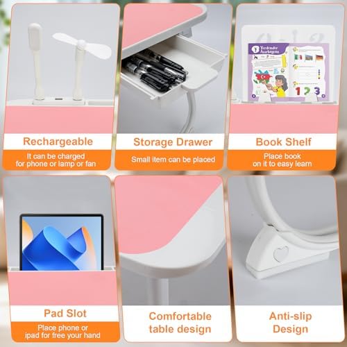 Laptop Desk for Bed, Adjustable Height Laptop Bed Table, Foldable Lap Desk with USB Charge Port, Desktop Card Slot, Side Drawer, Book Shelf, Portable Lap Tray for Eating Reading Working Sofa & Floor