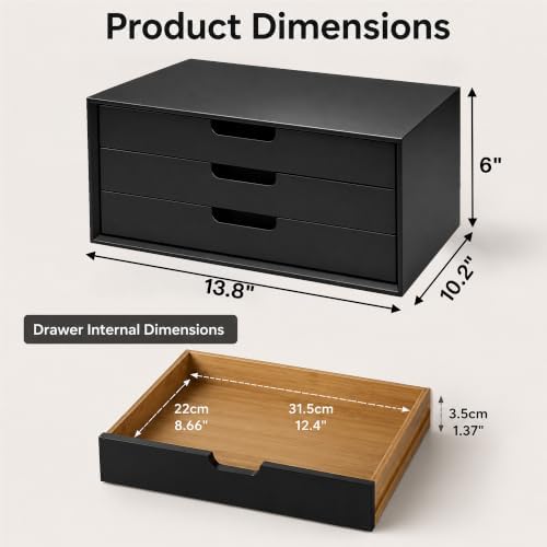 LitaEther Desk Organizer with 3 Drawers, ALEX Drawer Unit, Chic Black Wood Cosmetic Makeup Organizer for Office Vanity Tabletop Storage 13.8"X 6"X10.2"