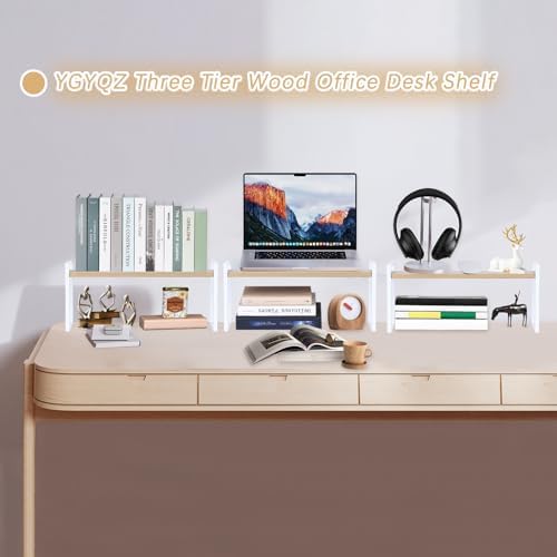 YGYQZ Desk Shelf Organizer for Top of Desk, 3-Tier Desktop Bookshelf, White & Wood