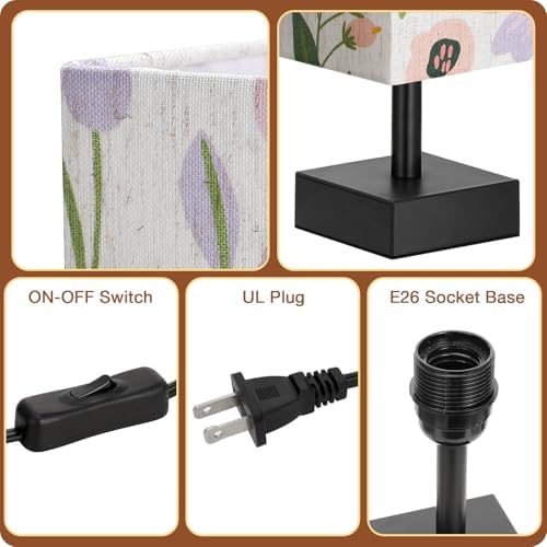 aooshine Small Bedside Table Lamp for Bedroom - Square Floral Fabric Shade