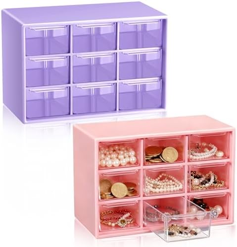 Wenqik 2 Pcs Mini Storage Drawers with 9 Clear Drawers, Purple, Pink
