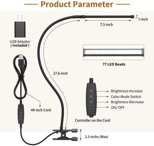 iZELL LED Desk Lamp for Home Office with Clamp [77 LEDs Light 3 Color Modes & 10 Brightness Levels] Flexible Gooseneck Book Lights, Easy Clip on Reading Headboard