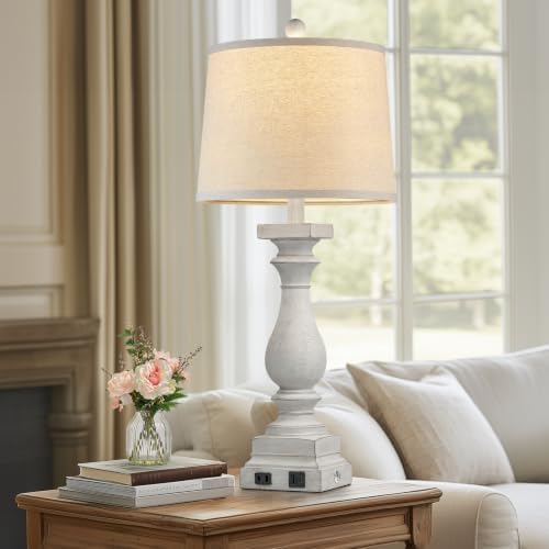 28" Tall Farmhouse Table Lamp with USB C+A Ports and AC Outlet, 3 Way Touch Control Rustic Bedside Lamp for Bedroom, White Vintage Nightstand Lamp for Living Room Office