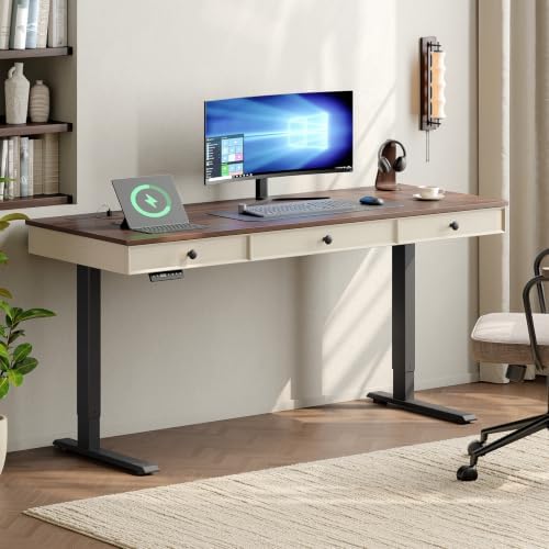 ONBRILL 63" Electric Standing Desk with 3 Drawers, Home Office Desk, Walnut