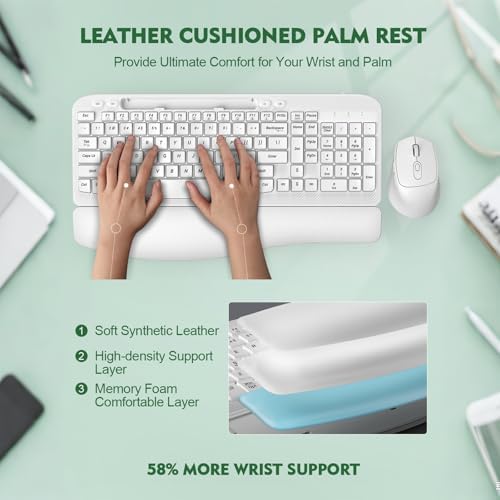 Wireless Keyboard and Mouse Combo, Full-Sized Ergonomic Wave Keys Keyboard with Memory Foam Wrist Rest & Phone Holder, 2.4G Quiet Keyboard Mouse Work Setup for PC Laptop, Office or Home (White)