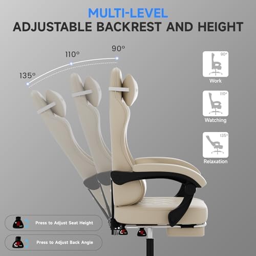 Gaming Chair with Footrest, Ergonomic Leather Computer Chair with Lumbar Support, Height Adjustable High Back Swivel Office Chair for Adults, Gamer Chair for Gaming, Working,Beige