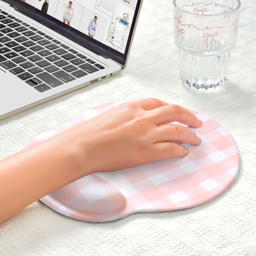 Retro Checkered Mouse Pad with Support Wrist Rest,Cute Funny Boho Ergonomic Mouse Pad with Non-Slip Base for Office Gaming Working Computers,Desk Accessories Pain Relief,Pink