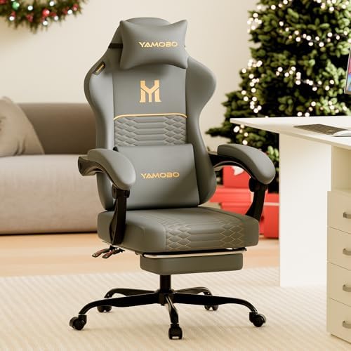 Gaming Chair with Footrest, Ergonomic Video Game Chair with Adjustable Lumbar and Headrest Massage Support,PU Leather High Back Recliner Comfortable for Office, Game and Study, Grey