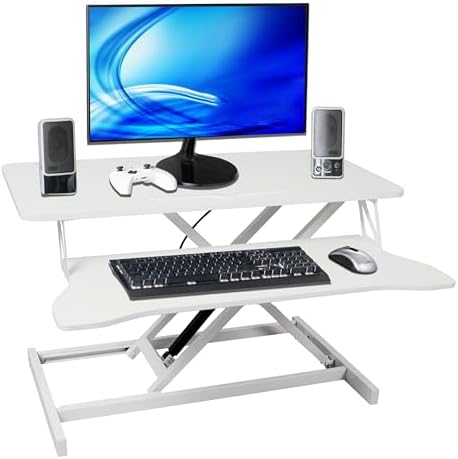 Standing Desk Converter, 32" Wide, Height Adjustable Sit Stand Up Desk Riser with Keyboard Tray, Desktop Workstation for Home Office Computer Laptop, White