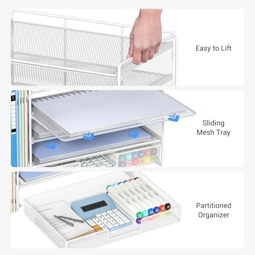OPNICE Desk Organizer, 5-Tier Desktop File Organizer with Drawer and Pen Holders, Office Desk Accessories, File Sorters, Workspace Organizers for Office Supplies(White)