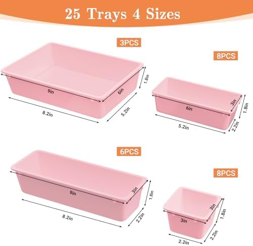 SpaceHacks 25 PCS Plastic Drawer Organizer, 4-Size Versatile Organizer Trays & storage Bins