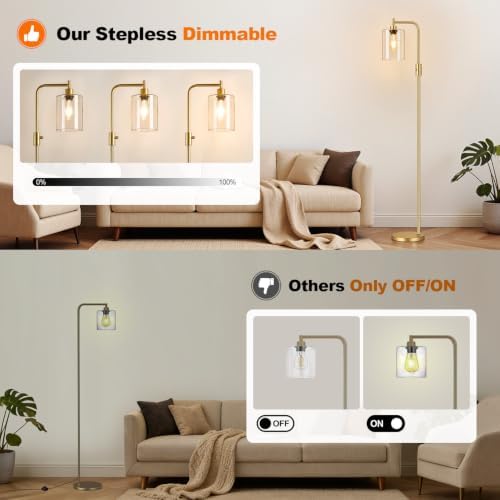 【Upgraded】 Dimmable Floor Lamp for Living Room with Seeded Glass Lampshade, Gold Modern Glass Floor Lamp with 900LM LED Bulb Included, Arc Standing Tall Lamp for Bedroom, Office, Reading Room, Corner