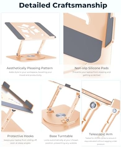 Aoviho 360° Rotating Laptop Stand for Desk | Adjustable, Foldable, Portable Aluminum Ergonomic Riser | Compatible with MacBook, Dell, HP & All Laptops 10-16 inch | Gold