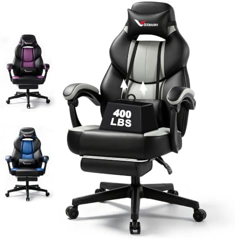 Big and Tall Gaming Chair for Adults 400 lbs, Heavy Duty Wide Seat Black Grey Gaming Office Chair, Ergonomic Comfy Computer Gamer Chair with Footrest& Lumbar Support for Home Office Gaming