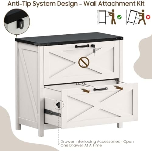 Halitaa Farmhouse Lateral File Cabinet with 2 Drawers, White and Black