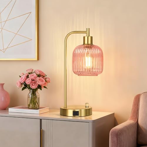 Pink Glass Table Lamps Set of 2, Dimmable Bedside Lamps for Living Room
