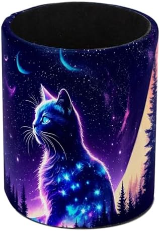 Fantasy Purple Starry Sky Cat Pen Holder Pencil Organizer Cute Pencil Cup Desk Decor Makeup Brush Holder PU Multifunctional Office Supplies for Home Classroom School