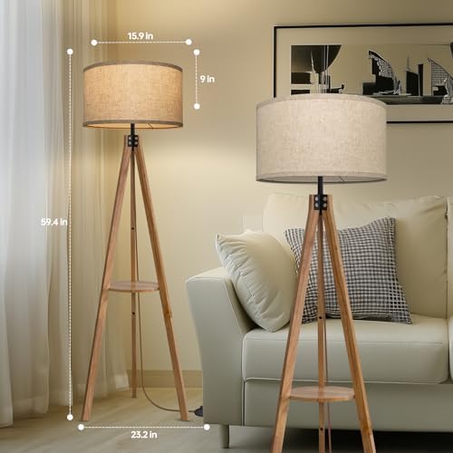 EOEYYOYB Floor Lamps for Living Room, Modern Standing Lamp with Shelf, 3 Color Temperature Led Bulb Tall Lamps with Foot Switch for Bedroom and Office, Burlywood