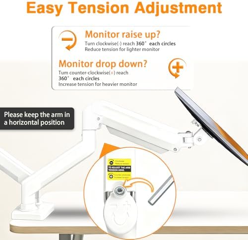 Dual Monitor Arms, Gas Spring Monitor Arms for 2 Monitors up to 34" Curved/Flat, 22lbs per Arm, VESA Mount 75x75 100x100mm, C-Clamp & Grommet Base, Adjustable Tilt/Swivel/Rotation White