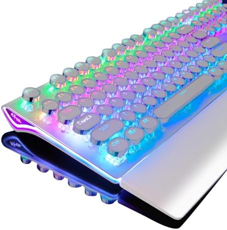 RK ROYAL KLUDGE S108 Typewriter Style Mechanical Gaming Keyboard with RGB Backlit, Wired PC Game Keyboard Full Size with Detachable Wrist Rest and Number Pad, Retro Round Keycaps, Red Switches White
