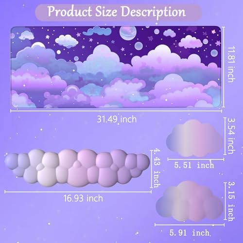 Purple Cloud Mouse Pad Cloud Keyboard Wrist Rest for Computer Keyboard Extended Large Desk Mat Pad Set 4PCS Memory Foam Non-Slip Ergonomic Cute Gaming Mouse Pads Wrist Support for Laptop Home Office