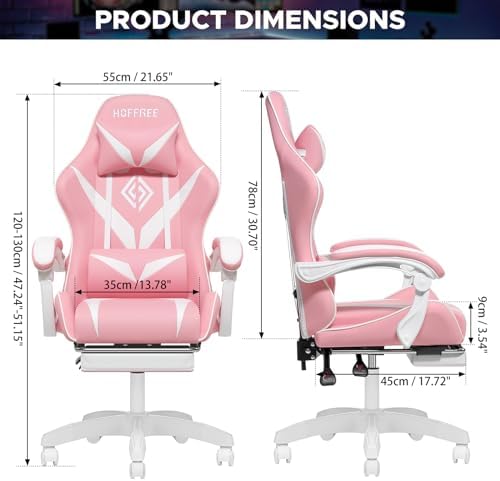 Pink Gaming Chair with Massage Footrest Ergonomic Computer Chair for Girls