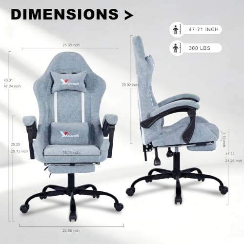 Fabric Gaming Chair for Adults, Ergonomic Computer Office Desk Chair with Footrest,Pocket Spring Cushion, Reclining High Back Silla Gamer for Home Office, Blue