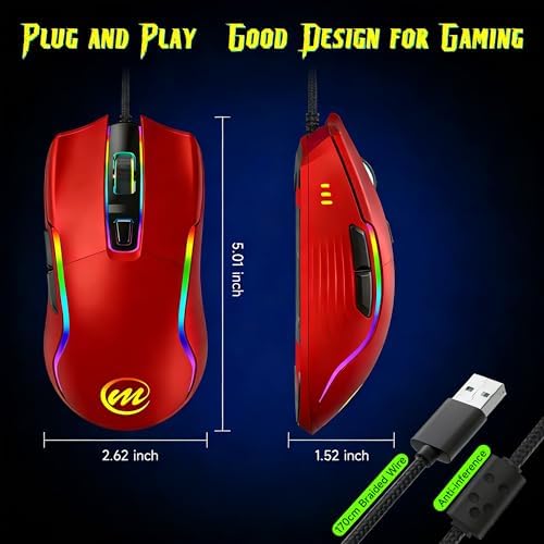 memzuoix Wired Gaming Mouse with RGB - 6 Adjustable DPI up to 12800, 6 Buttons, 12 Lighting Modes, Ergonomic Design with Anti-Slip Rubber Wheel, 5.6ft Braided Cable for PC/Mac/Windows - Red
