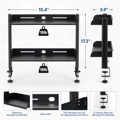 2-Tier Carbon Steel Clamp-On No Drill Desk Storage Organizer Shelf