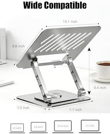 Adjustable Computer Stand with 360 Rotating Base, Ergonimic Foldable Laptop Riser for Desk Compatible with MacBook Pro/Air Notebook up to 16 Inches, Silver