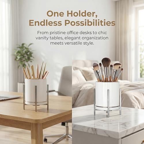 Desk Ceramic Pencil Cup with Metal Legs, Ceramic Pencil Cup, Black and White Pen Holder Cup for Office, Desk Decor for Women Girls, Cute Makeup Brushes Holder