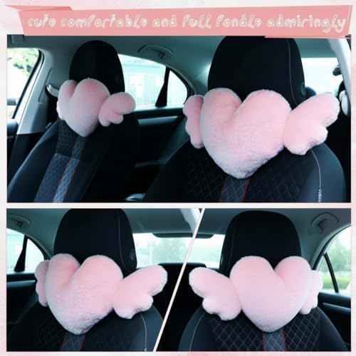 Macarrie 2 Pcs Heart Plush Car Headrest Pillow Angel Wings