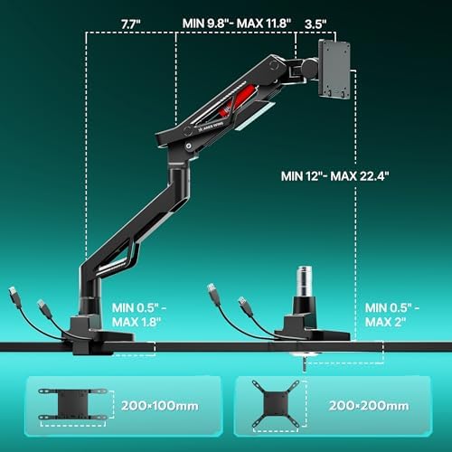 ARES WING Gas Spring Ultrawide Monitor Arm 57" 66Lbs USB VESA Dual Base