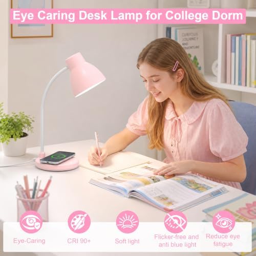 LED Desk Lamp for Home Office with Wireless Charger, Pink