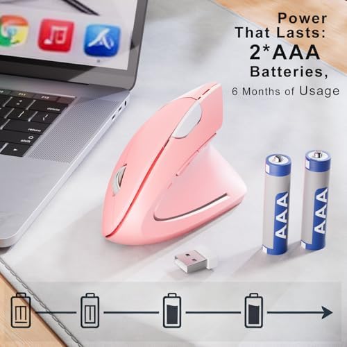 Wireless Ergonomic Mouse,2.4G USB Wireless Vertical Mouse,Adjustable DPI(800/1200/1600),Quiet Clicks,6 Buttons for Laptop,PC,Mac,Desktop – Pink